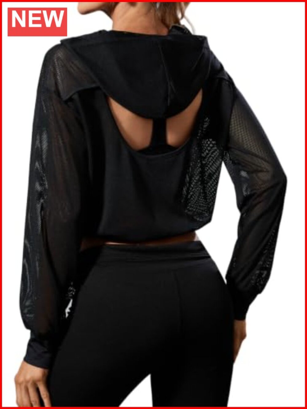 Open Back Mesh Cropped Hoodie Long Sleeve Workout Top